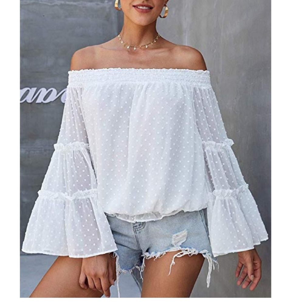 White off the shoulder dotted bell sleeves top